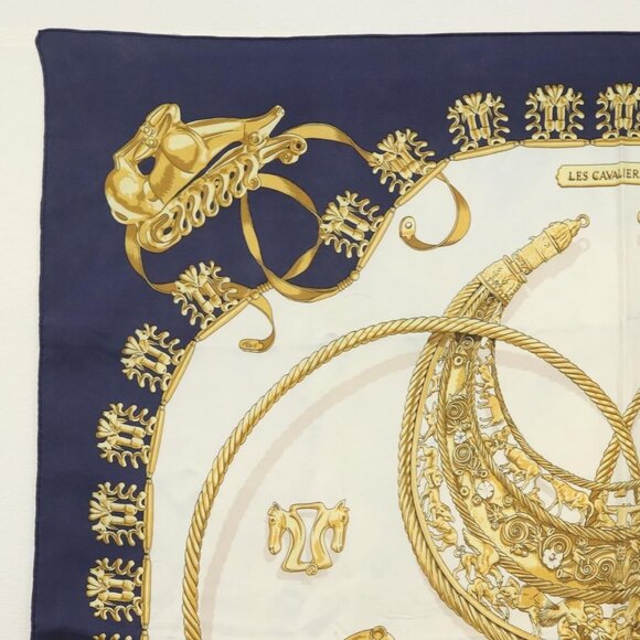 HERMES Carre 90 Scarf ""LES CAVALIERS D'OR"" Silk Navy Auth - Picture 15 of 15